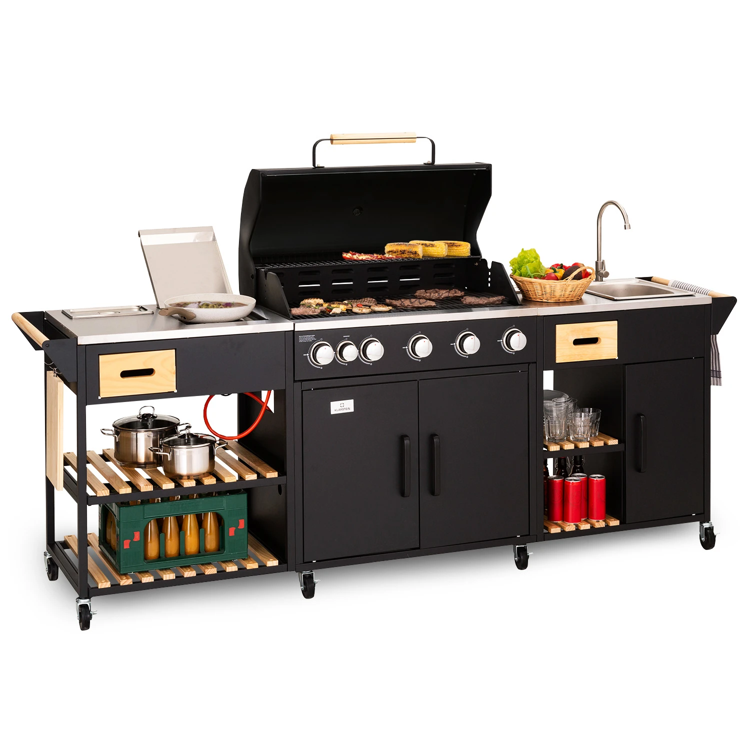Klarstein Jersey cuisine d'extérieur avec Barbecue A gaz et évier 20, 7 kW 5+1 bruleurs mobile